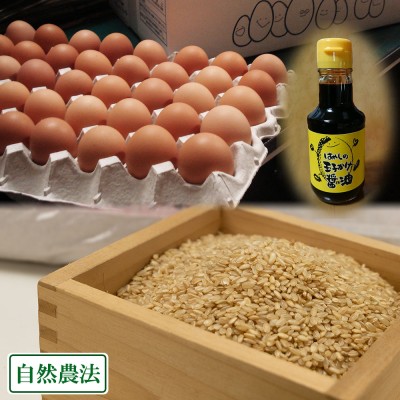 令和4年度産コシヒカリ玄米5kg・平飼い有精卵40個・特製だし醤油150mlセット 自然農法米 (広島県 はやしなちゅらるふぁーむ) 産地直送