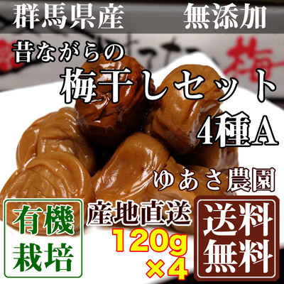 昔ながらの梅干しセット4種A 120g×4パック(群馬県 ゆあさ農園)有機栽培 梅、無添加 天然塩 使用 送料無料 産地直送