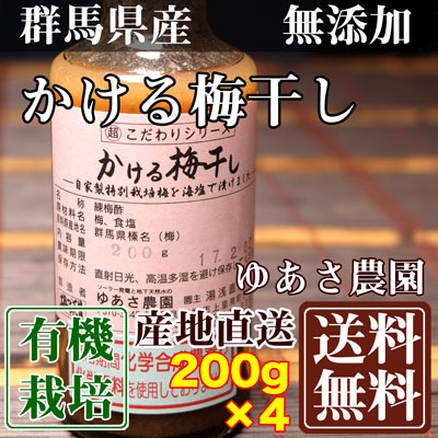 有機JASかける梅干し 200g×4本 (群馬県 ゆあさ農園)有機栽培 梅 無添加 天然塩「海の精」使用 送料無料 産地直送