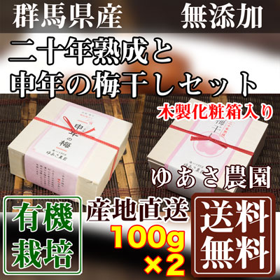 二十年熟成と申年の梅干しセット 各1箱(木製化粧箱入り) 100g×2箱 (群馬県 ゆあさ農園)有機栽培梅  産地直送